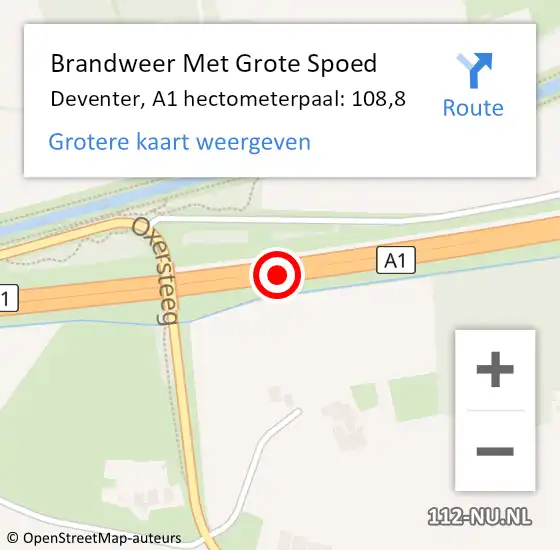 Locatie op kaart van de 112 melding: Brandweer Met Grote Spoed Naar Deventer, A1 hectometerpaal: 108,8 op 25 november 2022 14:31