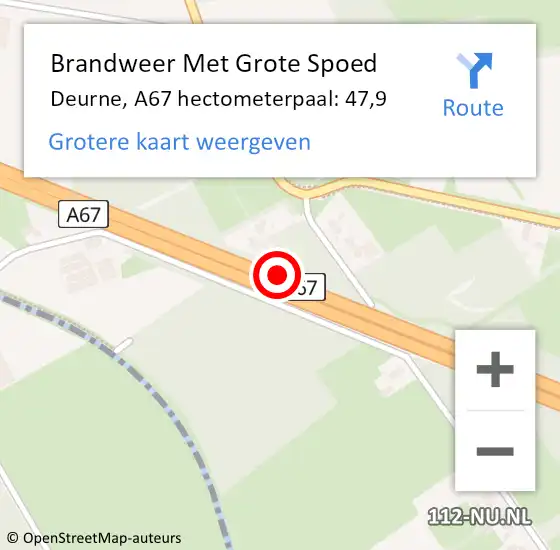 Locatie op kaart van de 112 melding: Brandweer Met Grote Spoed Naar Deurne, A67 hectometerpaal: 47,9 op 25 november 2022 14:36