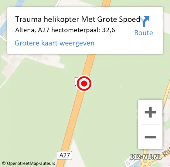 Locatie op kaart van de 112 melding: Trauma helikopter Met Grote Spoed Naar Altena, A27 hectometerpaal: 32,6 op 25 november 2022 15:39