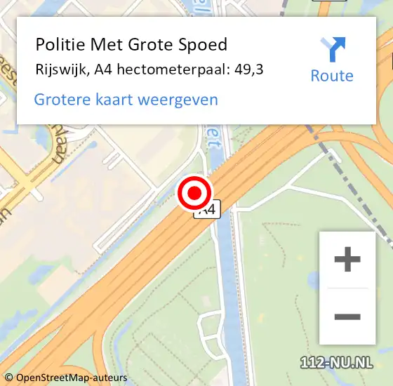 Locatie op kaart van de 112 melding: Politie Met Grote Spoed Naar Rijswijk, A4 hectometerpaal: 49,3 op 25 november 2022 15:45