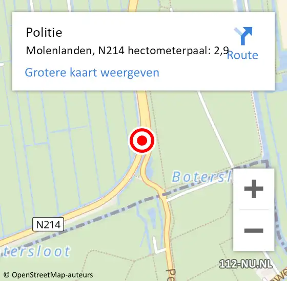 Locatie op kaart van de 112 melding: Politie Molenlanden, N214 hectometerpaal: 2,9 op 25 november 2022 16:27