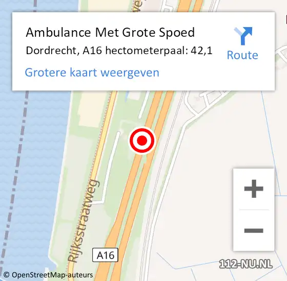 Locatie op kaart van de 112 melding: Ambulance Met Grote Spoed Naar Hoeksche Waard, A16 hectometerpaal: 42,1 op 25 november 2022 16:46