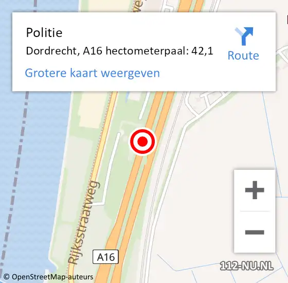 Locatie op kaart van de 112 melding: Politie Hoeksche Waard, A16 hectometerpaal: 42,1 op 25 november 2022 16:50