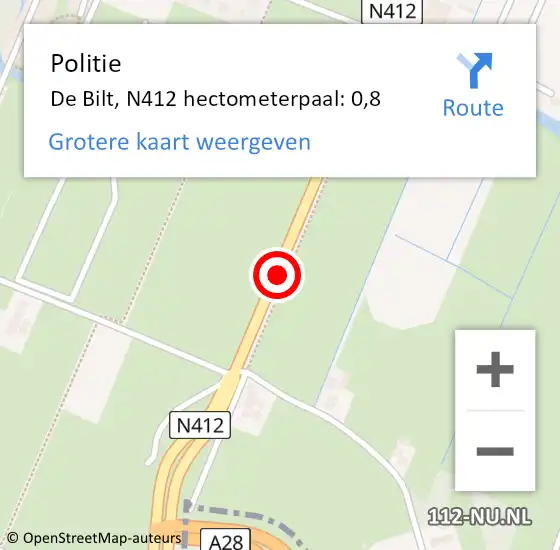 Locatie op kaart van de 112 melding: Politie De Bilt, N412 hectometerpaal: 0,8 op 25 november 2022 17:44