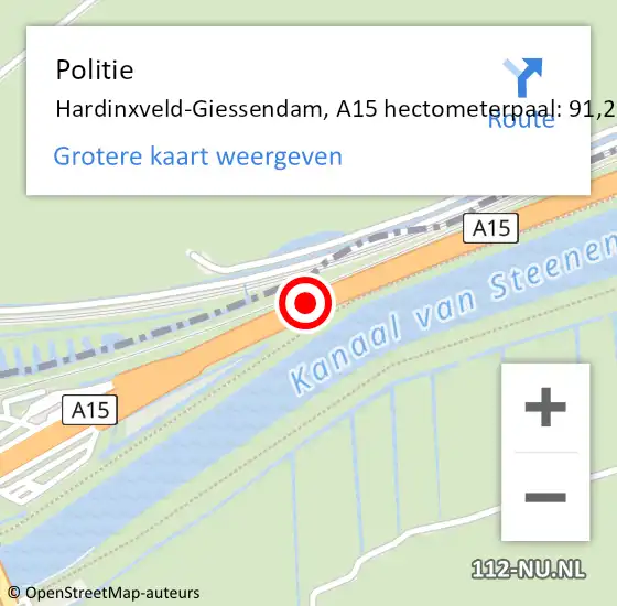 Locatie op kaart van de 112 melding: Politie Hardinxveld-Giessendam, A15 hectometerpaal: 91,2 op 25 november 2022 18:18