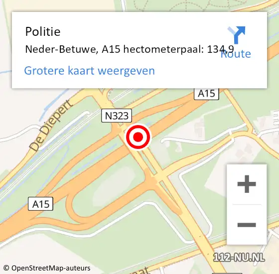 Locatie op kaart van de 112 melding: Politie Neder-Betuwe, A15 hectometerpaal: 134,9 op 25 november 2022 21:40