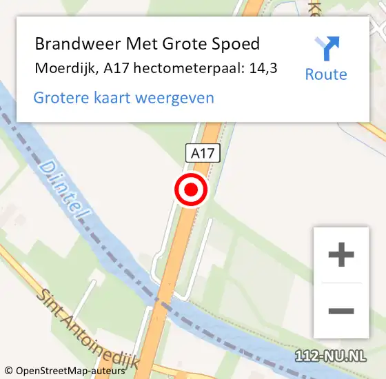 Locatie op kaart van de 112 melding: Brandweer Met Grote Spoed Naar Moerdijk, A17 hectometerpaal: 14,3 op 25 november 2022 21:46