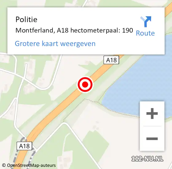 Locatie op kaart van de 112 melding: Politie Montferland, A18 hectometerpaal: 190 op 25 november 2022 23:53