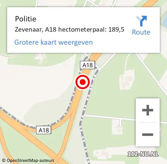 Locatie op kaart van de 112 melding: Politie Zevenaar, A18 hectometerpaal: 189,5 op 25 november 2022 23:53