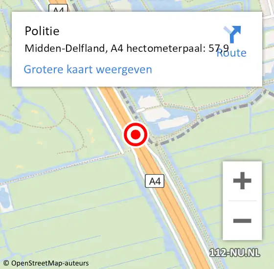 Locatie op kaart van de 112 melding: Politie Midden-Delfland, A4 hectometerpaal: 57,9 op 26 november 2022 01:04