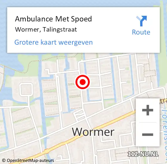 Locatie op kaart van de 112 melding: Ambulance Met Spoed Naar Wormer, Talingstraat op 26 november 2022 05:21