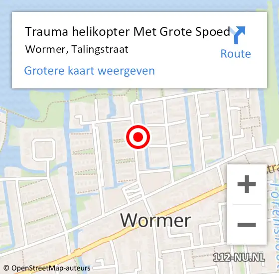 Locatie op kaart van de 112 melding: Trauma helikopter Met Grote Spoed Naar Wormer, Talingstraat op 26 november 2022 05:25