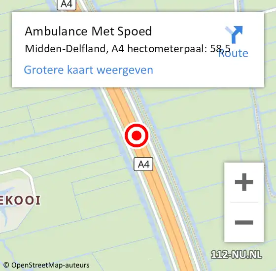 Locatie op kaart van de 112 melding: Ambulance Met Spoed Naar Midden-Delfland, A4 hectometerpaal: 58,5 op 26 november 2022 06:01