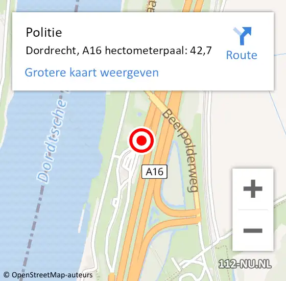 Locatie op kaart van de 112 melding: Politie Hoeksche Waard, A16 hectometerpaal: 42,7 op 26 november 2022 06:45