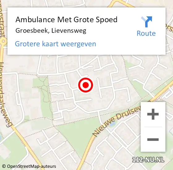 Locatie op kaart van de 112 melding: Ambulance Met Grote Spoed Naar Groesbeek, Lievensweg op 26 november 2022 08:49