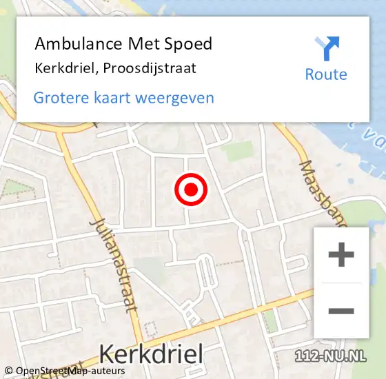 Locatie op kaart van de 112 melding: Ambulance Met Spoed Naar Kerkdriel, Proosdijstraat op 26 november 2022 09:07