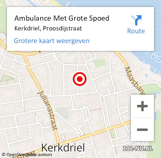 Locatie op kaart van de 112 melding: Ambulance Met Grote Spoed Naar Kerkdriel, Proosdijstraat op 26 november 2022 09:13