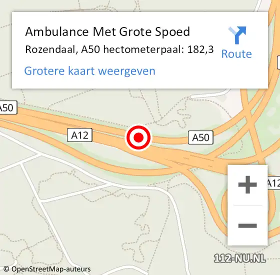 Locatie op kaart van de 112 melding: Ambulance Met Grote Spoed Naar Rozendaal, A50 hectometerpaal: 182,3 op 26 november 2022 09:53