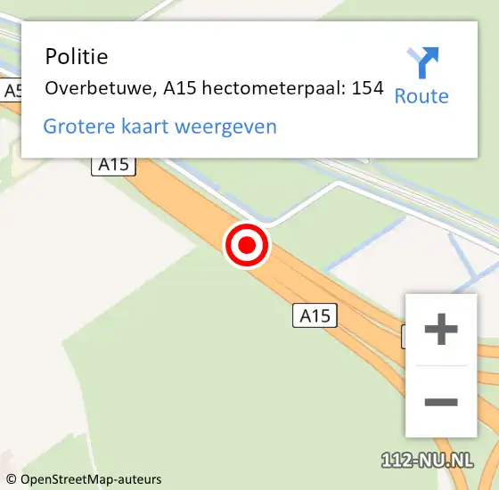 Locatie op kaart van de 112 melding: Politie Overbetuwe, A15 hectometerpaal: 154 op 26 november 2022 12:51
