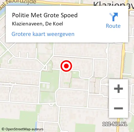 Locatie op kaart van de 112 melding: Politie Met Grote Spoed Naar Klazienaveen, De Koel op 26 november 2022 14:21