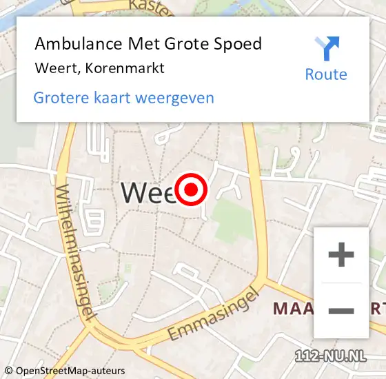 Locatie op kaart van de 112 melding: Ambulance Met Grote Spoed Naar Weert, Korenmarkt op 26 november 2022 15:02