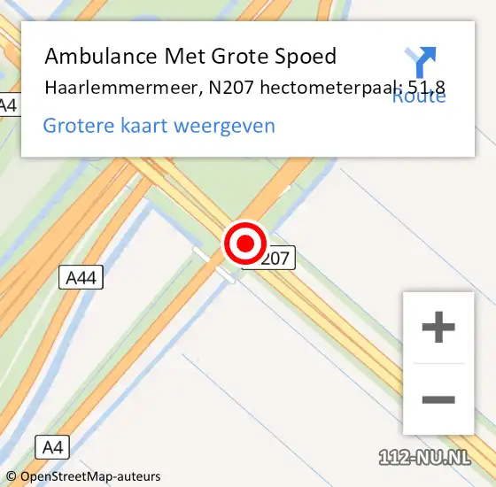 Locatie op kaart van de 112 melding: Ambulance Met Grote Spoed Naar Haarlemmermeer, N207 hectometerpaal: 51,8 op 26 november 2022 22:59