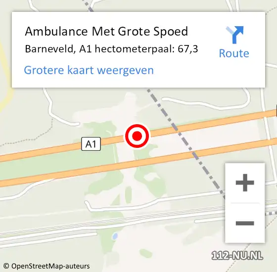 Locatie op kaart van de 112 melding: Ambulance Met Grote Spoed Naar Barneveld, A1 hectometerpaal: 67,3 op 26 november 2022 23:34
