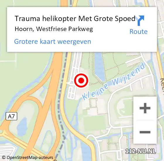 Locatie op kaart van de 112 melding: Trauma helikopter Met Grote Spoed Naar Hoorn, Westfriese Parkweg op 27 november 2022 00:01