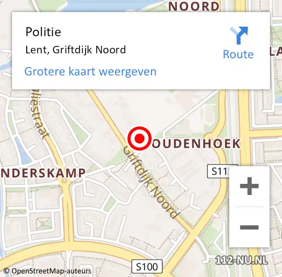 Locatie op kaart van de 112 melding: Politie Lent, Griftdijk Noord op 27 november 2022 01:07