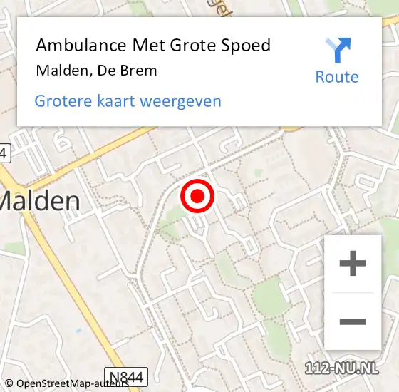 Locatie op kaart van de 112 melding: Ambulance Met Grote Spoed Naar Malden, De Brem op 27 november 2022 01:14