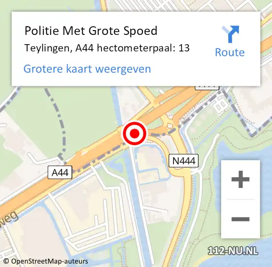 Locatie op kaart van de 112 melding: Politie Met Grote Spoed Naar Teylingen, A44 hectometerpaal: 13 op 27 november 2022 02:13