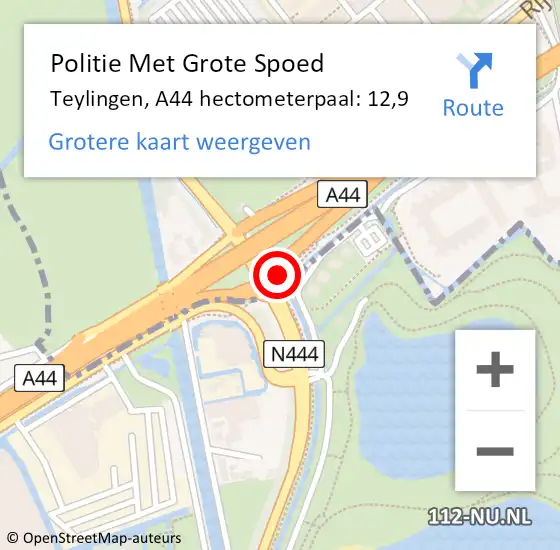 Locatie op kaart van de 112 melding: Politie Met Grote Spoed Naar Teylingen, A44 hectometerpaal: 12,9 op 27 november 2022 02:15