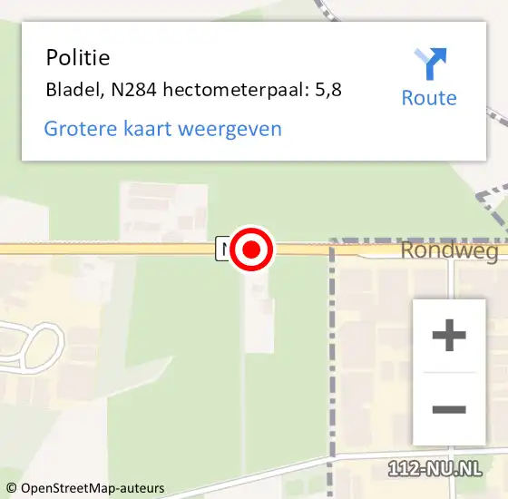 Locatie op kaart van de 112 melding: Politie Bladel, N284 hectometerpaal: 5,8 op 27 november 2022 02:34
