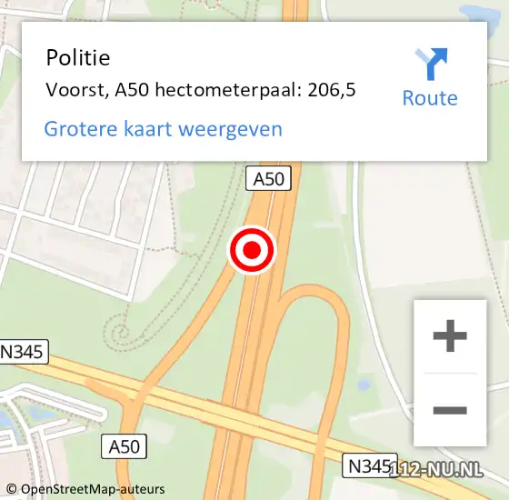 Locatie op kaart van de 112 melding: Politie Voorst, A50 hectometerpaal: 206,5 op 27 november 2022 04:48