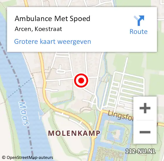 Locatie op kaart van de 112 melding: Ambulance Met Spoed Naar Arcen, Koestraat op 6 augustus 2014 12:07