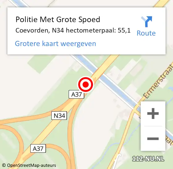 Locatie op kaart van de 112 melding: Politie Met Grote Spoed Naar Coevorden, N34 hectometerpaal: 55,1 op 27 november 2022 10:47