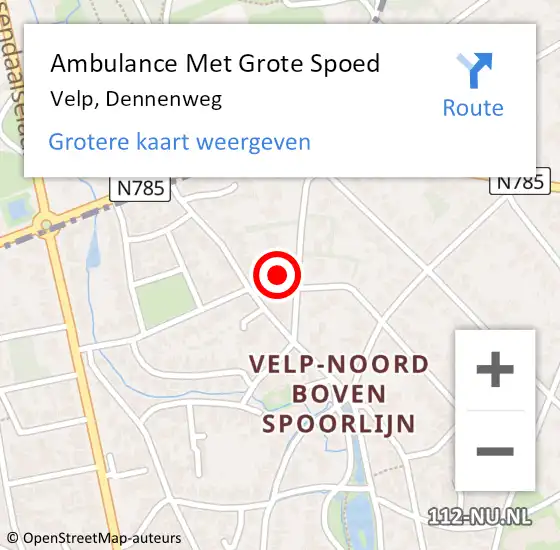 Locatie op kaart van de 112 melding: Ambulance Met Grote Spoed Naar Velp, Dennenweg op 27 november 2022 13:18