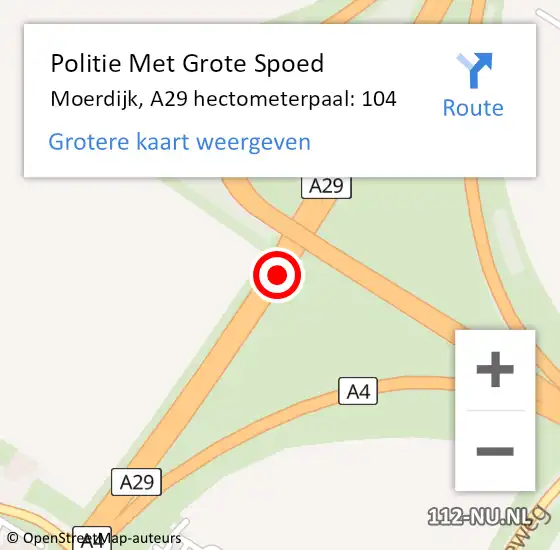 Locatie op kaart van de 112 melding: Politie Met Grote Spoed Naar Moerdijk, A29 hectometerpaal: 104 op 27 november 2022 14:34