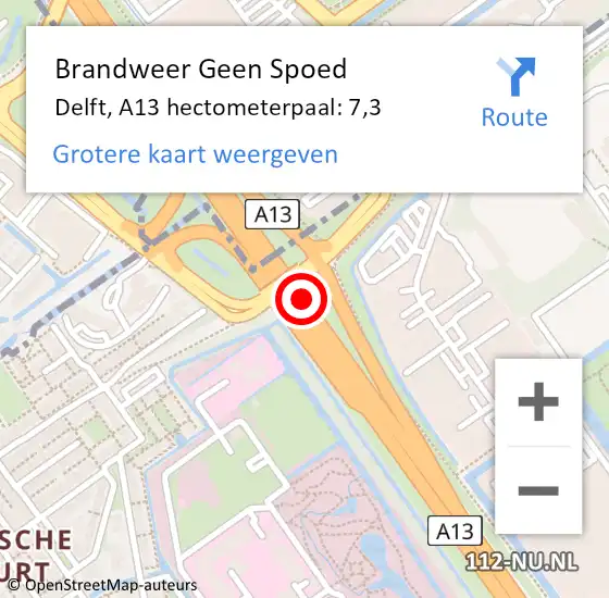Locatie op kaart van de 112 melding: Brandweer Geen Spoed Naar Delft, A13 hectometerpaal: 7,3 op 27 november 2022 16:03