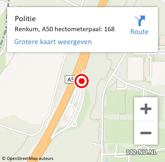 Locatie op kaart van de 112 melding: Politie Renkum, A50 hectometerpaal: 168 op 27 november 2022 16:14