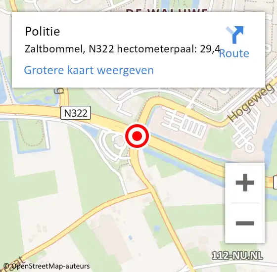 Locatie op kaart van de 112 melding: Politie Zaltbommel, N322 hectometerpaal: 29,4 op 27 november 2022 17:06