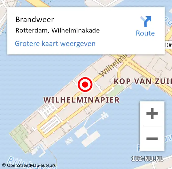 Locatie op kaart van de 112 melding: Brandweer Rotterdam, Wilhelminakade op 27 november 2022 17:11