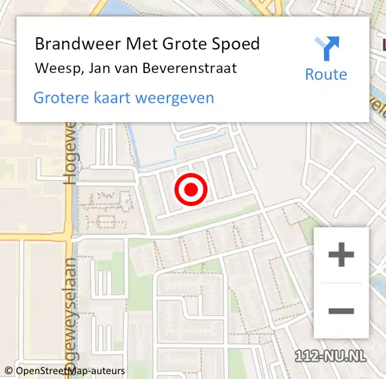 Locatie op kaart van de 112 melding: Brandweer Met Grote Spoed Naar Weesp, Jan van Beverenstraat op 27 november 2022 20:56