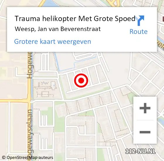 Locatie op kaart van de 112 melding: Trauma helikopter Met Grote Spoed Naar Weesp, Jan van Beverenstraat op 27 november 2022 20:58