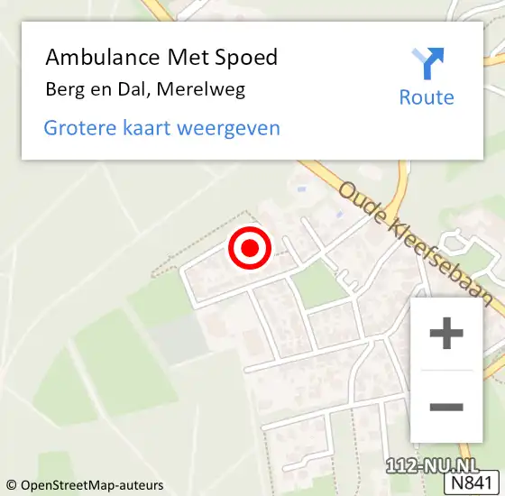 Locatie op kaart van de 112 melding: Ambulance Met Spoed Naar Berg en Dal, Merelweg op 27 november 2022 21:14