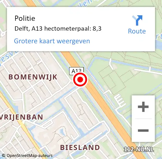 Locatie op kaart van de 112 melding: Politie Delft, A13 hectometerpaal: 8,3 op 27 november 2022 21:53