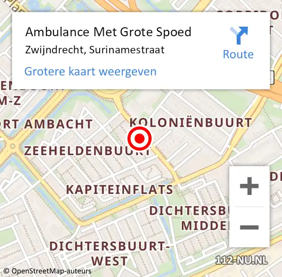 Locatie op kaart van de 112 melding: Ambulance Met Grote Spoed Naar Zwijndrecht, Surinamestraat op 28 november 2022 01:18