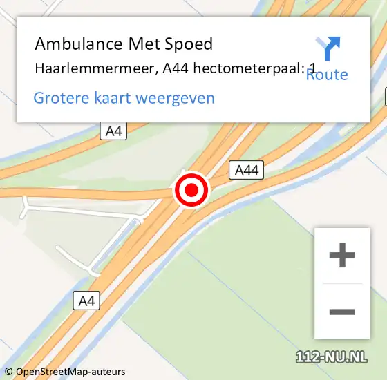 Locatie op kaart van de 112 melding: Ambulance Met Spoed Naar Haarlemmermeer, A44 hectometerpaal: 1 op 28 november 2022 01:28