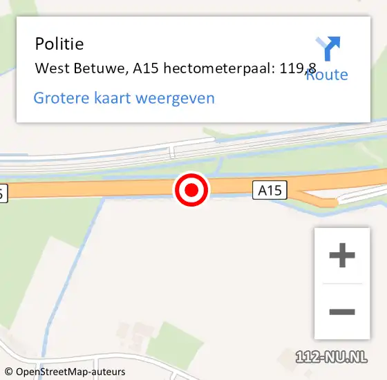 Locatie op kaart van de 112 melding: Politie West Betuwe, A15 hectometerpaal: 119,8 op 28 november 2022 05:40