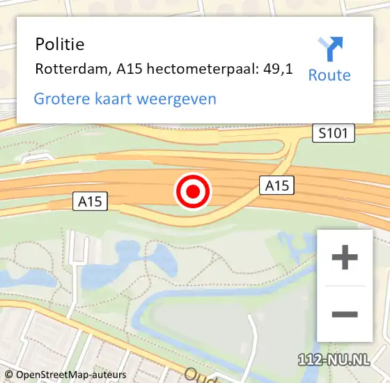 Locatie op kaart van de 112 melding: Politie Rotterdam, A15 hectometerpaal: 49,1 op 28 november 2022 07:15